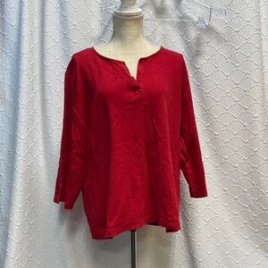 Kim Rogers size 1X Deep Red 3/4‎ Sleeve Top stretch comfy casual v neck holiday